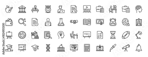 Education line icon set. Vector pictograms of graduation cap, diploma, test paper, book, and owl, thin linear illustration.