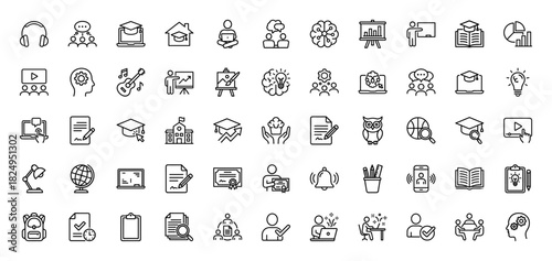 Education line icon set. Vector pictograms of graduation cap, book, brain, student, and learning concept, thin linear illustration.
