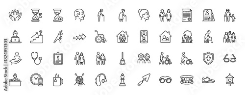 Elderly and retirement line icon set. Vector pictograms of aging, health, finance, and care, thin linear illustration.