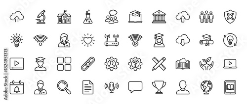 Education and e-learning line icon set. Vector pictograms of graduation cap, flask, microscope, and wifi, thin linear illustration.