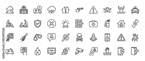 Safety and security line icon set. Vector pictograms of police car, ambulance, gun, fire extinguisher, and skull, thin linear illustration.