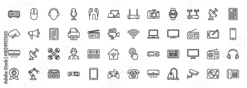 Technology and communication line icon set. Vector pictograms of smartphones, wifi, router, camera, and smartwatch, thin linear illustration.