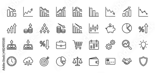 Finance and business line icon set. Vector pictograms of charts, graphs, money, clock, calendar, and credit card, thin linear illustration.