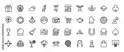 Leisure and activity line icon set. Vector pictograms of ferris wheel, donut, volleyball, slot machine, and travel items, thin linear illustration.