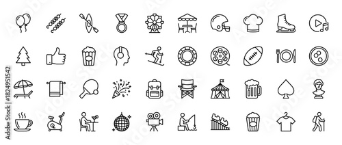 Leisure and entertainment line icon set. Vector pictograms of camping chair, skewer, popcorn, and disco ball, thin linear illustration.
