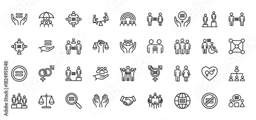 Equality and social justice line icon set. Vector pictograms of handshake, balance, seesaw, shield, and diverse group, thin linear illustration.