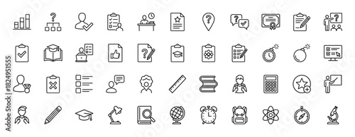 Education and e-learning line icon set. Vector pictograms of graduation cap, calculator, microscope, and student, thin linear illustration.