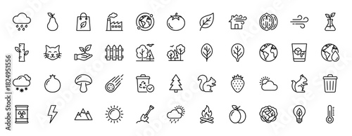Ecology and environment line icon set. Vector pictograms of wind, factory, tomato, earth, and fire, thin linear illustration.