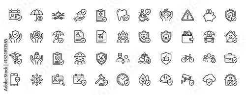 Insurance and protection line icon set. Vector pictograms of house, car, health, travel, and financial security, thin linear illustration.