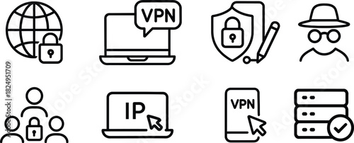 Internet Security and Privacy Icon Set, VPN icon set, Internet Security icons, Privacy symbol vector, VPN and IP graphics, Cybersecurity icon set, Online safety icons, Cybersecurity icon pack 