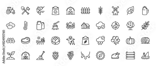 Agriculture and farming line icon set. Vector pictograms of tractor, barn, wheat, milk, windmill, honey, meat, vegetables and fruits, thin linear illustration.