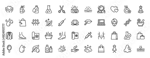 Beauty and cosmetology line icon set. Vector pictograms of skincare, makeup, perfume, health, and cosmetic procedures, thin linear illustration.