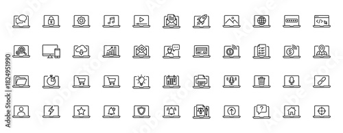 Technology and business line icon set. Vector pictograms of security lock, email, search, calendar, and shopping cart, thin linear illustration.