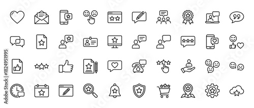 Customer feedback and review line icon set. Vector pictograms of star rating, testimonial chat, quality badge, and survey forms, thin linear illustration.