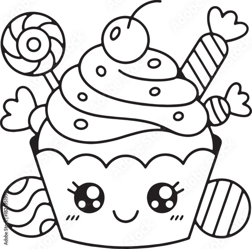 Sweet Treat Delight: An adorable cupcake with a cheerful expression, adorned with a cherry, lollipops, and candies, promising a world of sugary delights.