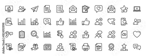 Feedback and review line icon set. Vector pictograms of checklist, thumbs up, heart, star rating, survey, testimonial, thin linear illustration.
