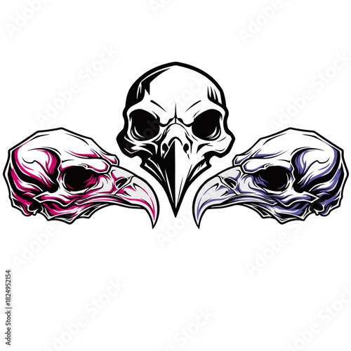 Black and White magenta purple Eagle Skull Vector Illustration in Graphic Style.ai