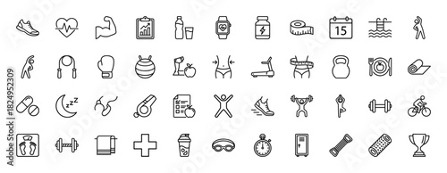 Fitness and healthy lifestyle line icon set. Vector pictograms of dumbbell, treadmill, heart rate, boxing, and supplements, thin linear illustration.