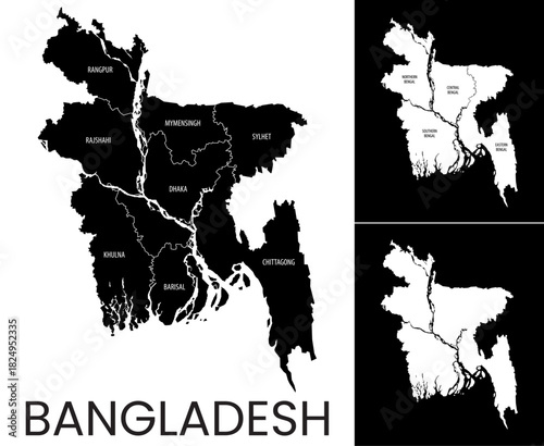 map of Bangladesh with country administrative division into Regions and Divisions, detailed black and white vector illustration