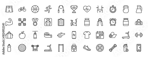 Fitness and gym line icon set. Vector pictograms of treadmill, dumbbell, jump rope, and protein shaker, thin linear illustration.