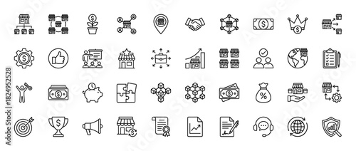 Franchise and business development line icon set. Vector pictograms of store hierarchy, partnership, finance, and investment, thin linear illustration.