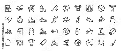 Health and fitness line icon set. Vector pictograms of gym equipment, sports, workout, and diet, thin linear illustration.