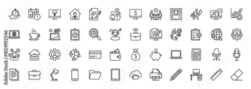 Business and finance line icon set. Vector pictograms of time management, analysis, calendar, briefcase, and office essentials, thin linear illustration.