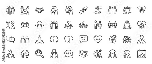 Cooperation and team work line icon set. Vector pictograms of handshake, partnership, relationship, community, and support, thin linear illustration.