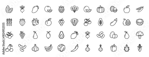 Healthy food line icon set. Vector pictograms of apple, orange, banana, cherry, pepper, garlic, and nuts, thin linear illustration.