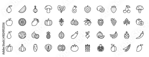 Nutrition line icon set. Vector pictograms of broccoli, pineapple, potato, apple, and melon, thin linear illustration.