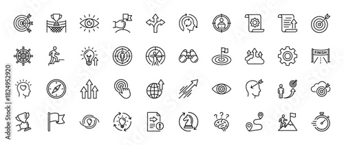 Business goal and ambition line icon set. Vector pictograms of target, arrow, flag, compass, and progress, thin linear illustration.