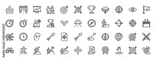 Business and personal growth line icon set. Vector pictograms of target, strategy, trophy, goals, time, and compass, thin linear illustration.
