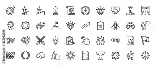 Achievement and success line icon set. vector pictograms of target, trophy, finish line, compass, and goal strategy, thin linear illustration.