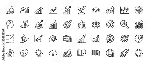 Business and finance growth line icon set. Vector pictograms of charts, money, arrows, and development symbols, thin linear illustration.