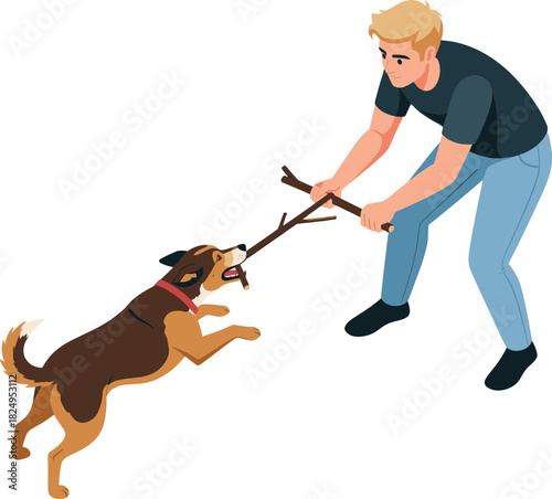 Man playing tug of war with dog using a stick outdoors