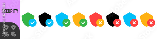 Set of colorful shield check and error icons for UI UX, apps, dashboards and security status indicators. Perfect for approvals, warnings, system messages and notifications