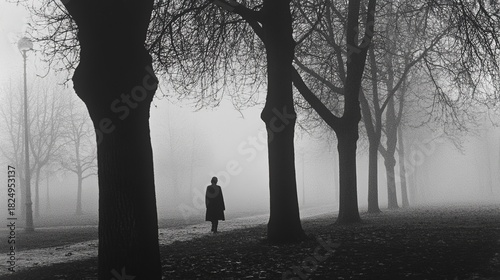 Person walks alone in a foggy park surrounded by tall trees during early morning hours
