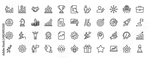 Business and success line icon set. Vector pictograms of growth chart, handshake, trophy, brain, and goal, thin linear illustration.