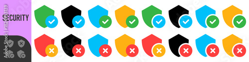 Set of colorful shield check and error icons for UI UX, apps, dashboards and security status indicators. Perfect for approvals, warnings, system messages and notifications