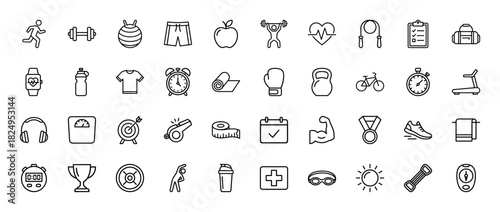 Fitness and health line icon set. Vector pictograms of dumbbell, treadmill, heart rate monitor, and stopwatch, thin linear illustration.
