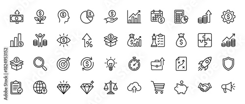 Business and finance line icon set. Vector pictograms of growth chart, money bag, calendar, and diamond, thin linear illustration.