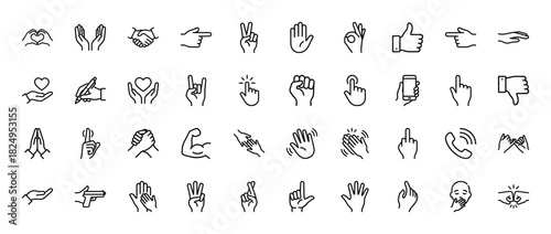 Hand gesture line icon set. Vector pictograms of handshake, applause, pointing, peace, fist, thumbs up, heart, prayer, call, ok signs, thin linear illustration.