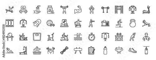 Gym and fitness line icon set. Vector pictograms of weightlifting, treadmill, dumbbell, muscle, cardio, machine, equipment, trainer, sport, thin linear illustration.