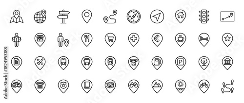 Navigation and travel line icon set. Vector pictograms of map pin, compass, road sign, traffic light, and bus, thin linear illustration.