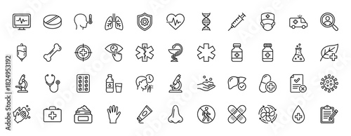 Medical and healthcare line icon set. Vector pictograms of syringe, lungs, heart, ambulance, and virus, thin linear illustration.