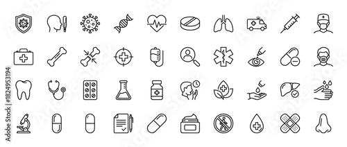 Medical and healthcare line icon set. Vector pictograms of stethoscope, syringe, ambulance, doctor, lungs, pill, virus, dna, microscope, thin linear illustration.