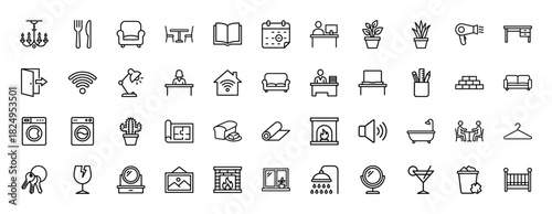 Interior design and home furniture line icon set. Vector pictograms of sofa, lamp, desk, plant, kitchen, bathroom, appliances and office items, thin linear illustration.