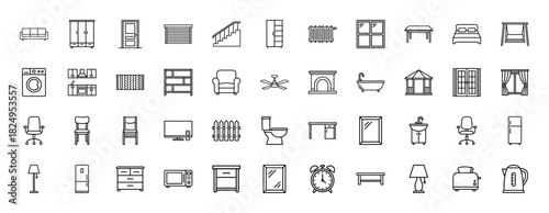 Furniture and home interiors line icon set. Vector pictograms of chairs, beds, closets, and kitchen appliances, thin linear illustration.