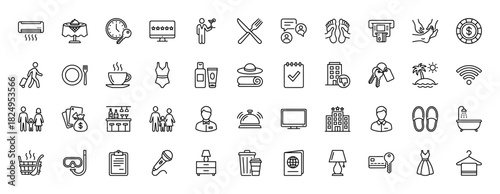 Hotel and hospitality line icon set. Vector pictograms of concierge, luggage, room service, spa, key, wifi, dining, shower, sauna, and cocktails, thin linear illustration.