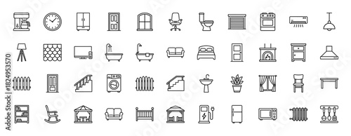 Home furniture and appliance line icon set. Vector pictograms of sofa, clock, stove, bed, and bathtub, thin linear illustration.